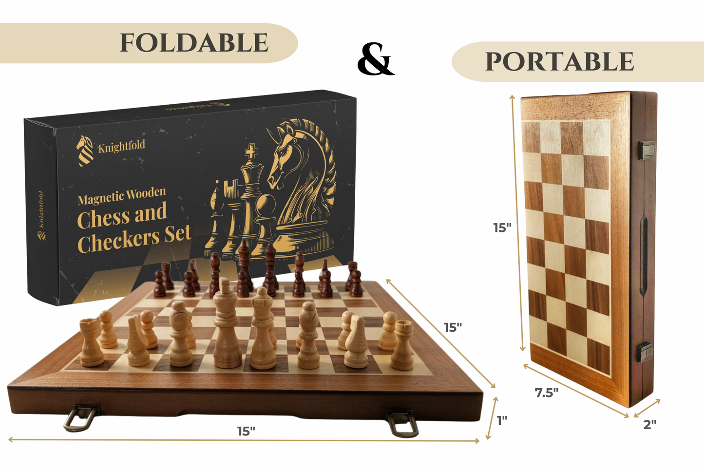 Foldable Magnetic Wooden Chess and Checkers Set